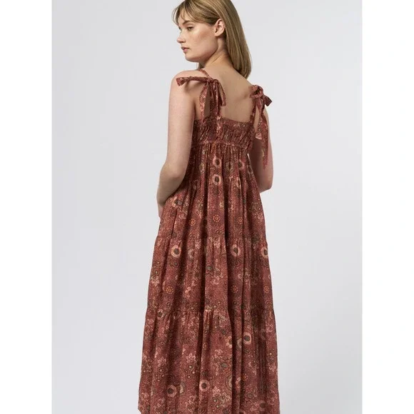 Ulla Johnson Cordelia Floral Tiered Midi Dress Smocked Tie Strap Rosebud Brown 4